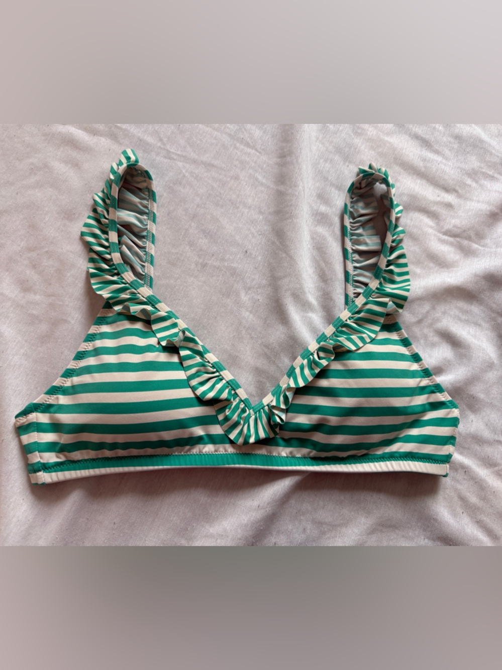 J.CREW Green White Striped Ruffle Bralette Bikini Top M Wide Strap Lined Stretch